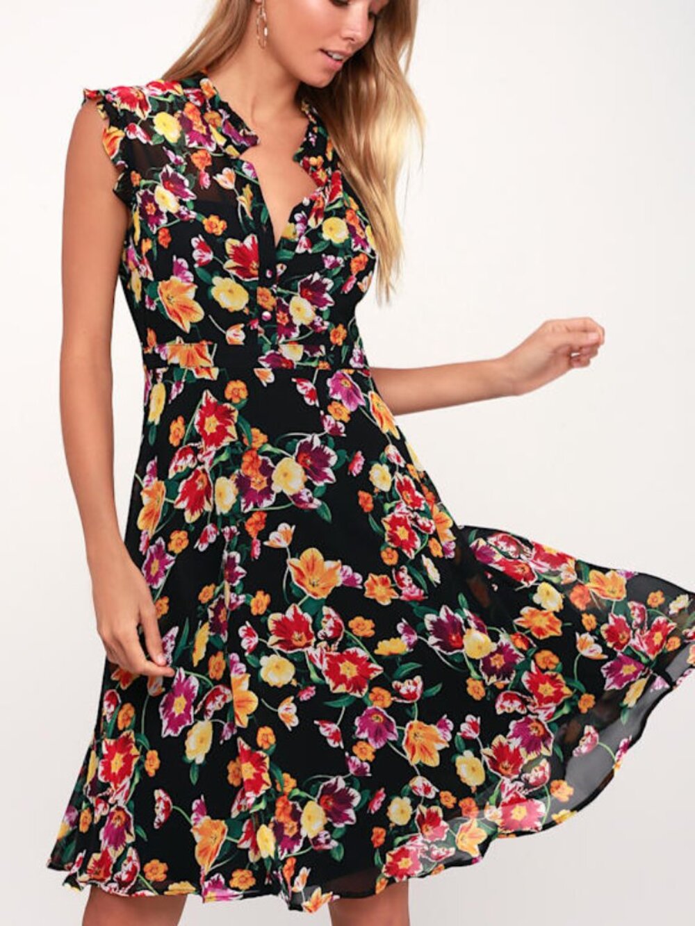 Lulus Orchard Views Black Floral Print Ruffled Midi Dress - Size Small